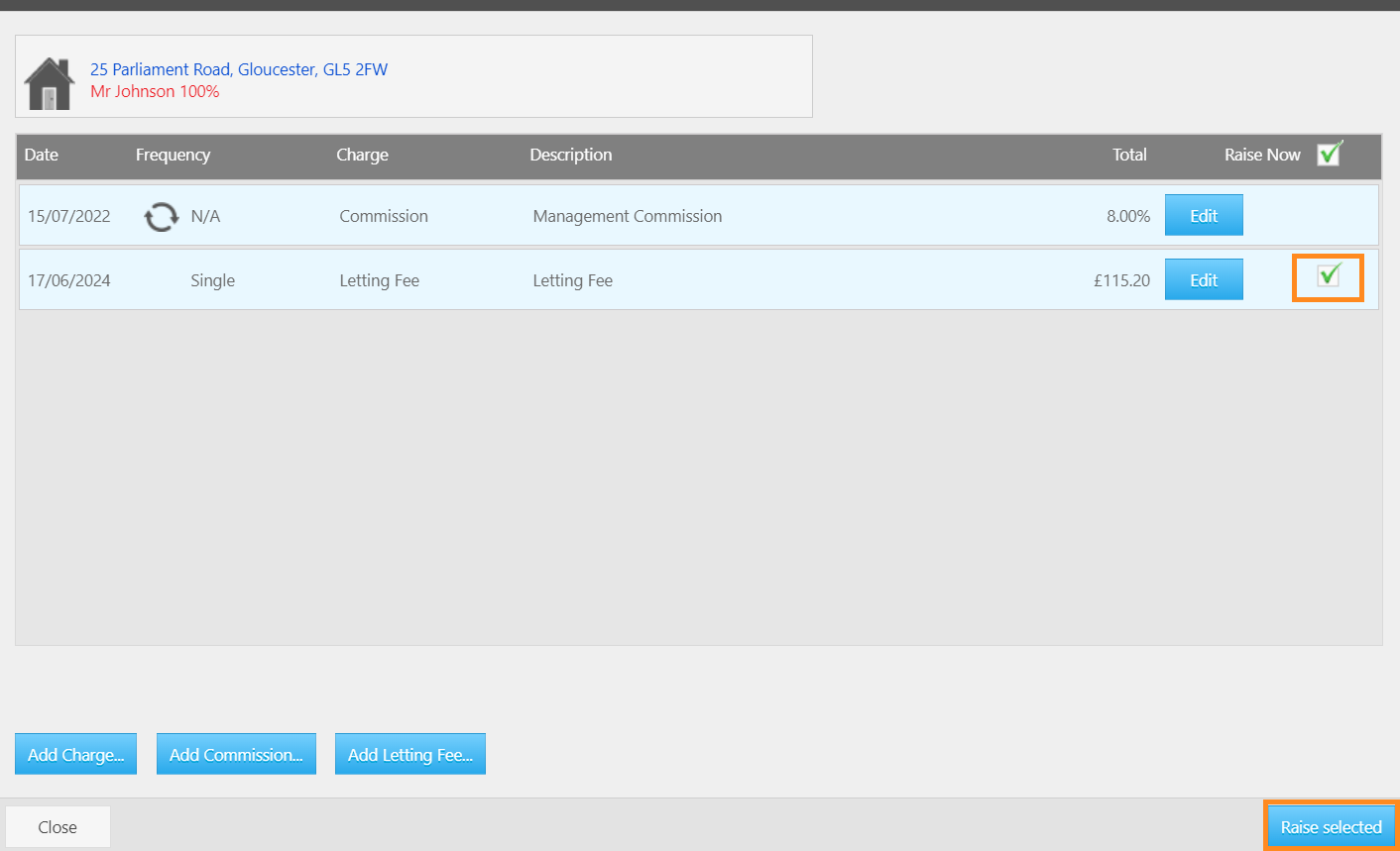 Setting up a single or regular % letting fee charge2.png