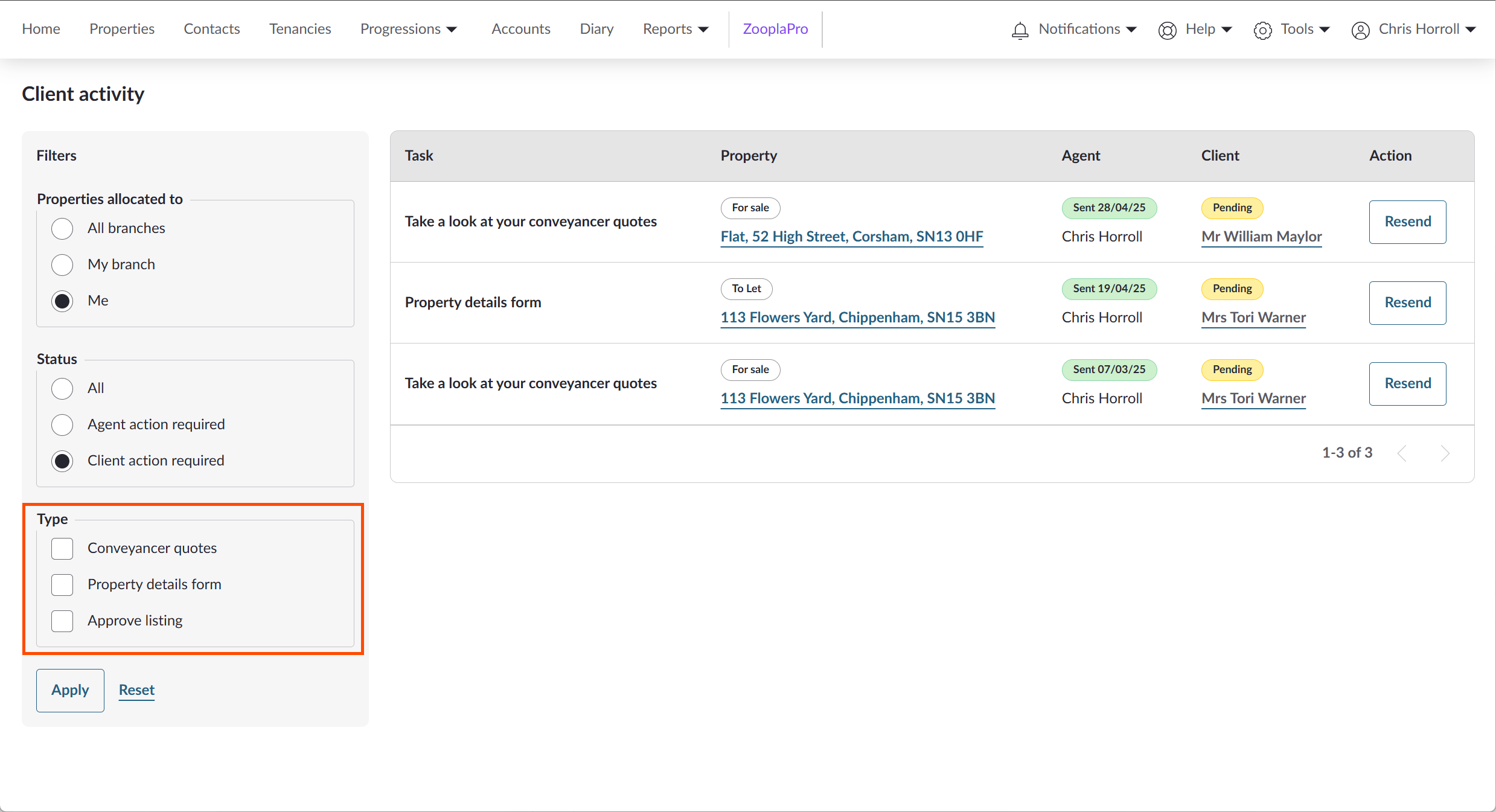 Filtering the client activity page by task type.png
