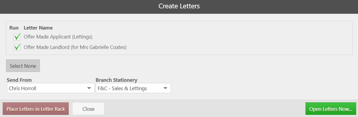 Accepting an offer received from a prospective purchaser via the Main Dashboard lettings letters.png