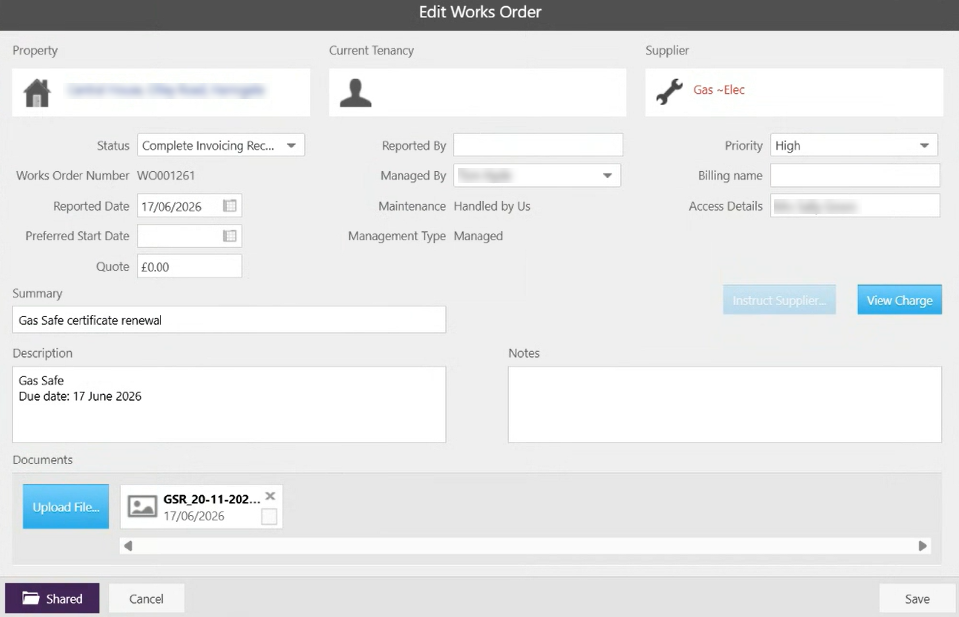 Autocert Edit Works Order screen showing the certificate under Documents, access details and View Charge option.png
