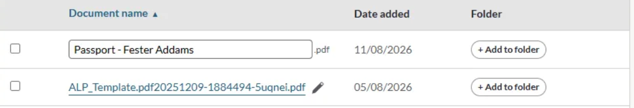 The pencil renames a document in place. The extension is fixed, so the file type cannot change.