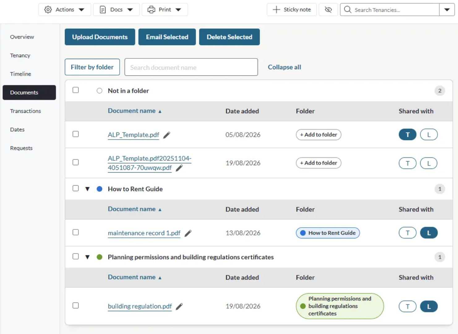 On a tenancy only, a “Shared with” column adds T (tenant) and L (landlord) toggles.