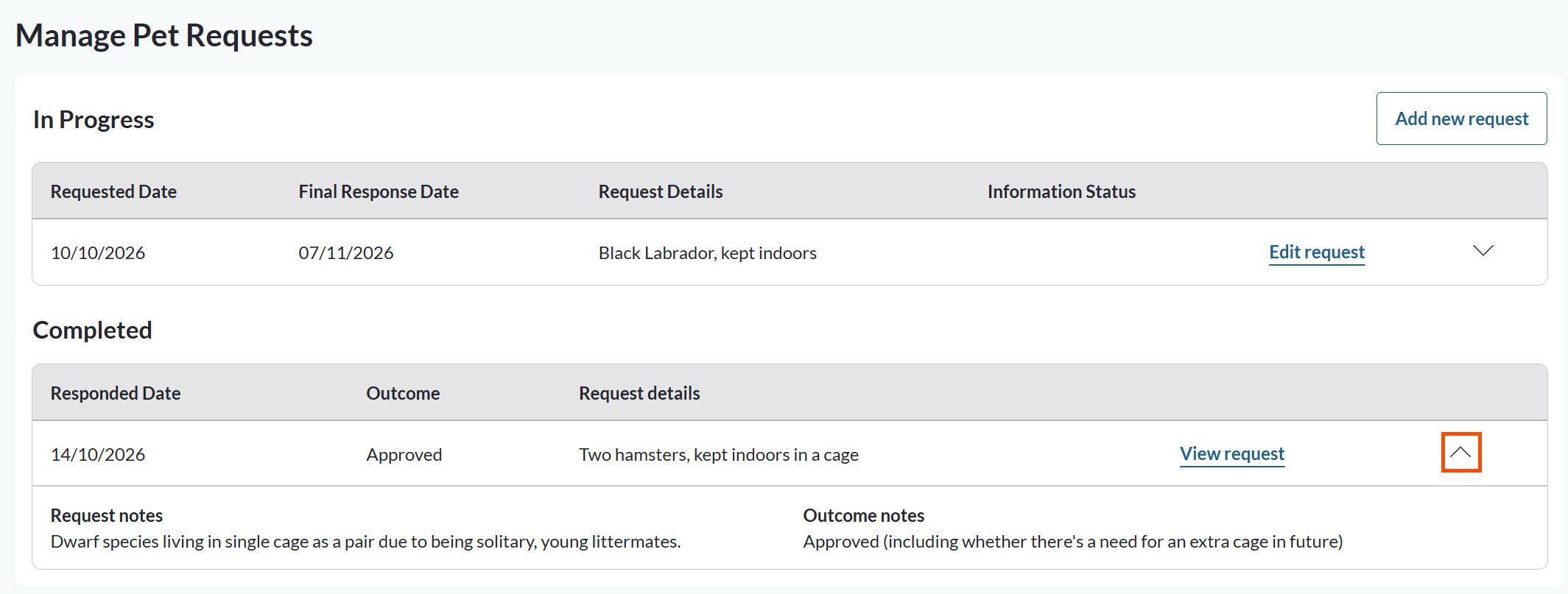 Manage Pet Requests page on a tenancy with In Progress and Completed tables.jpg