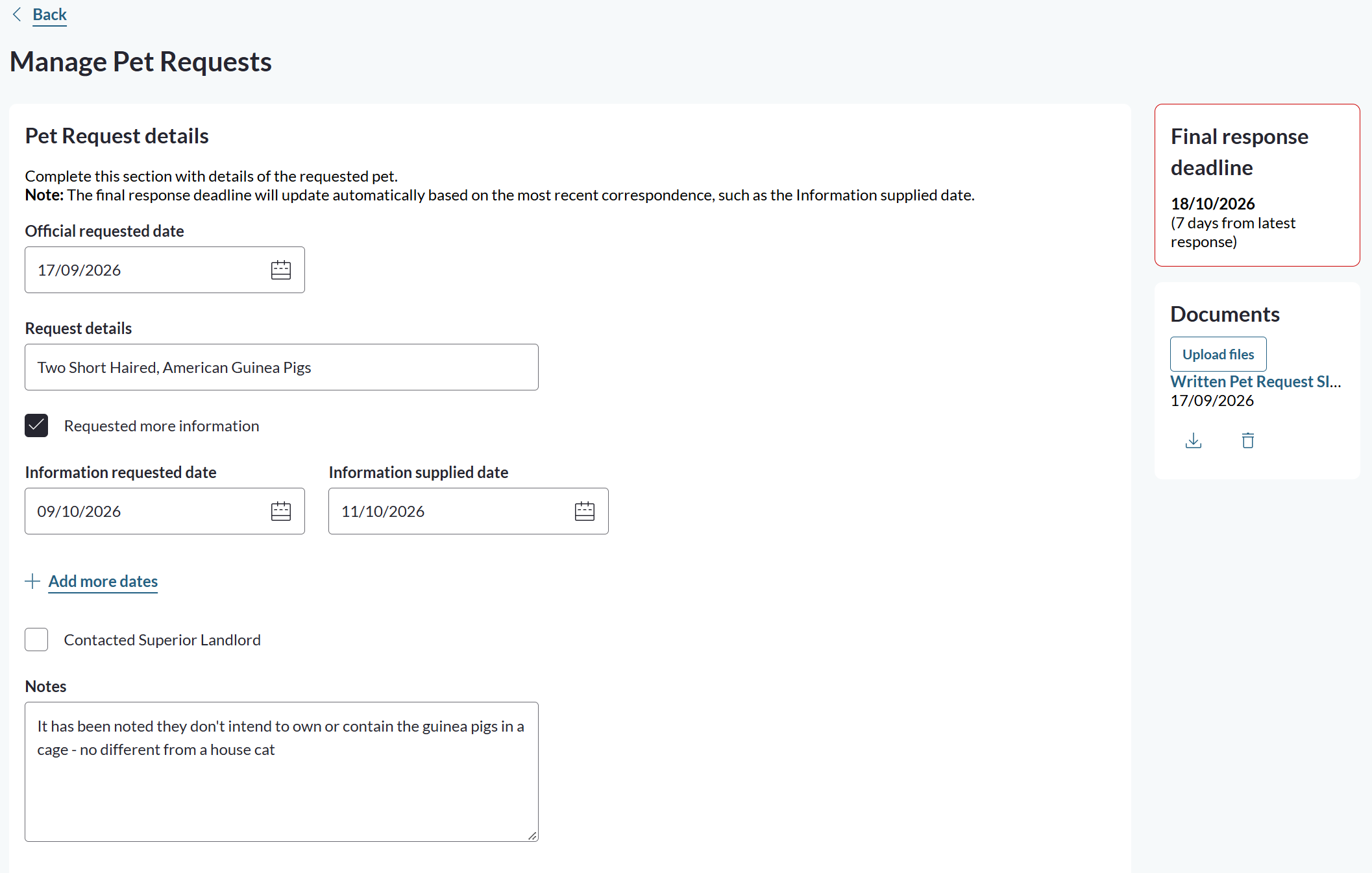 Requested more information ticked, showing the Information requested date, Information supplied date and Add more dates option.png