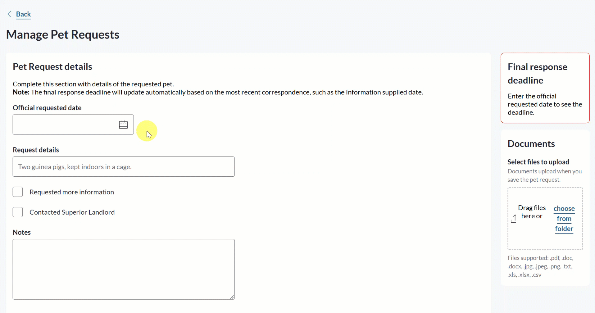 Final response deadline panel on a pet request showing a deadline 7 days from the latest response.gif