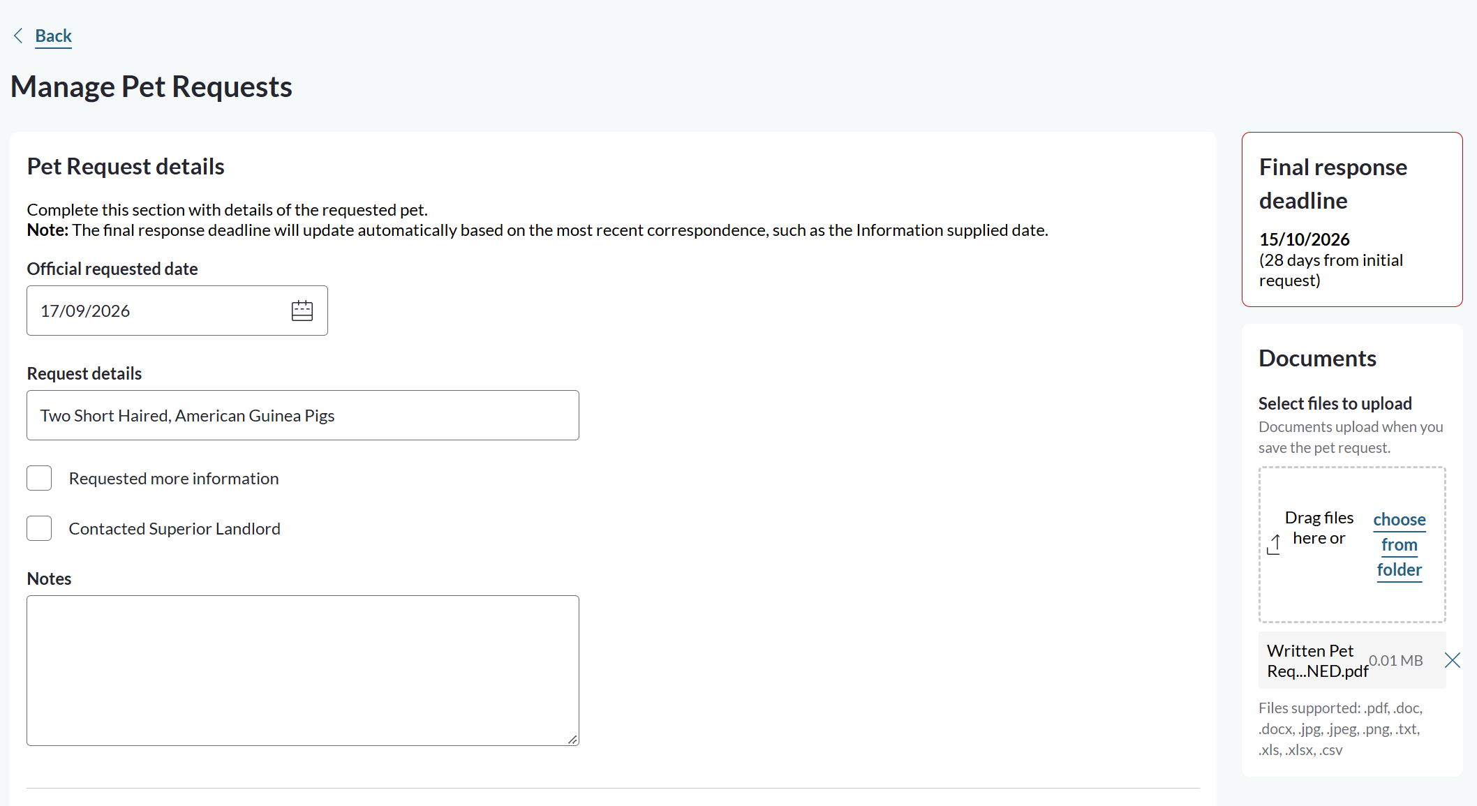 Pet Request details section of a new pet request with the Final response deadline and Documents panels.png
