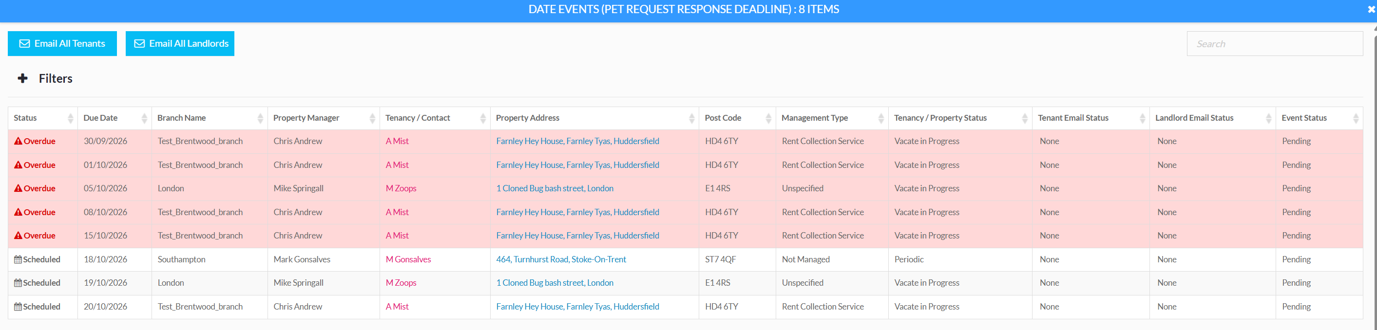 Date Events window listing Pet Request Response Deadline dates across tenancies with overdue deadlines highlighted.png