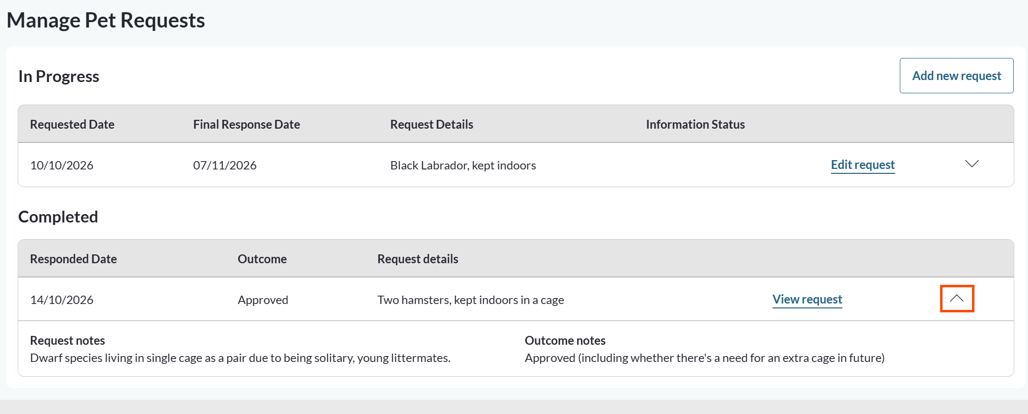 Manage Pet Requests page on a tenancy with In Progress and Completed tables.png