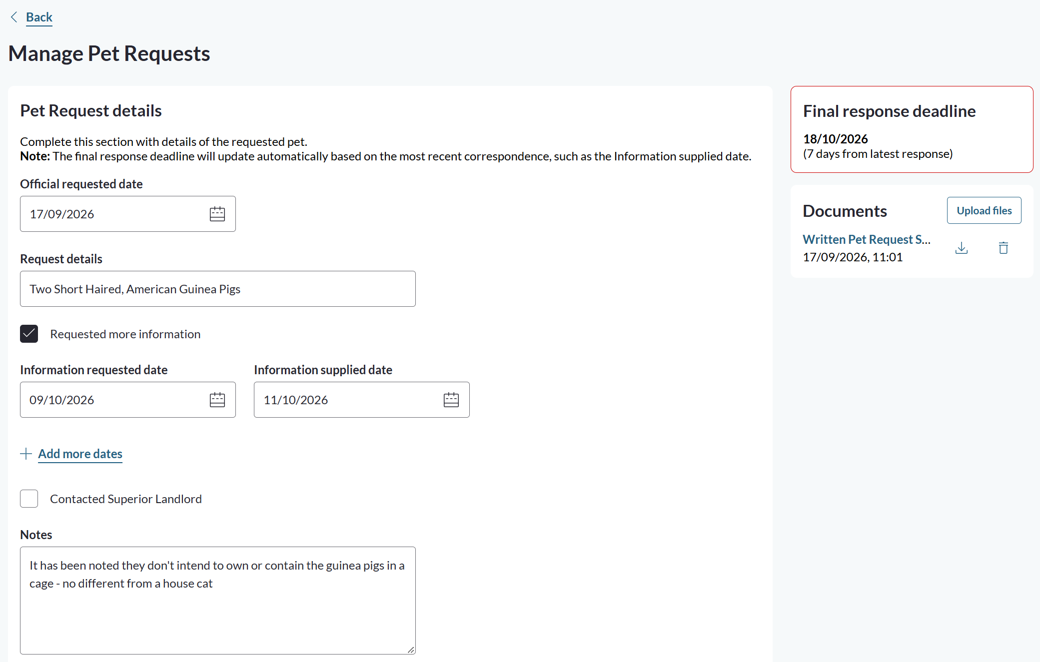Requested more information ticked, showing the Information requested date, Information supplied date and Add more dates option.png