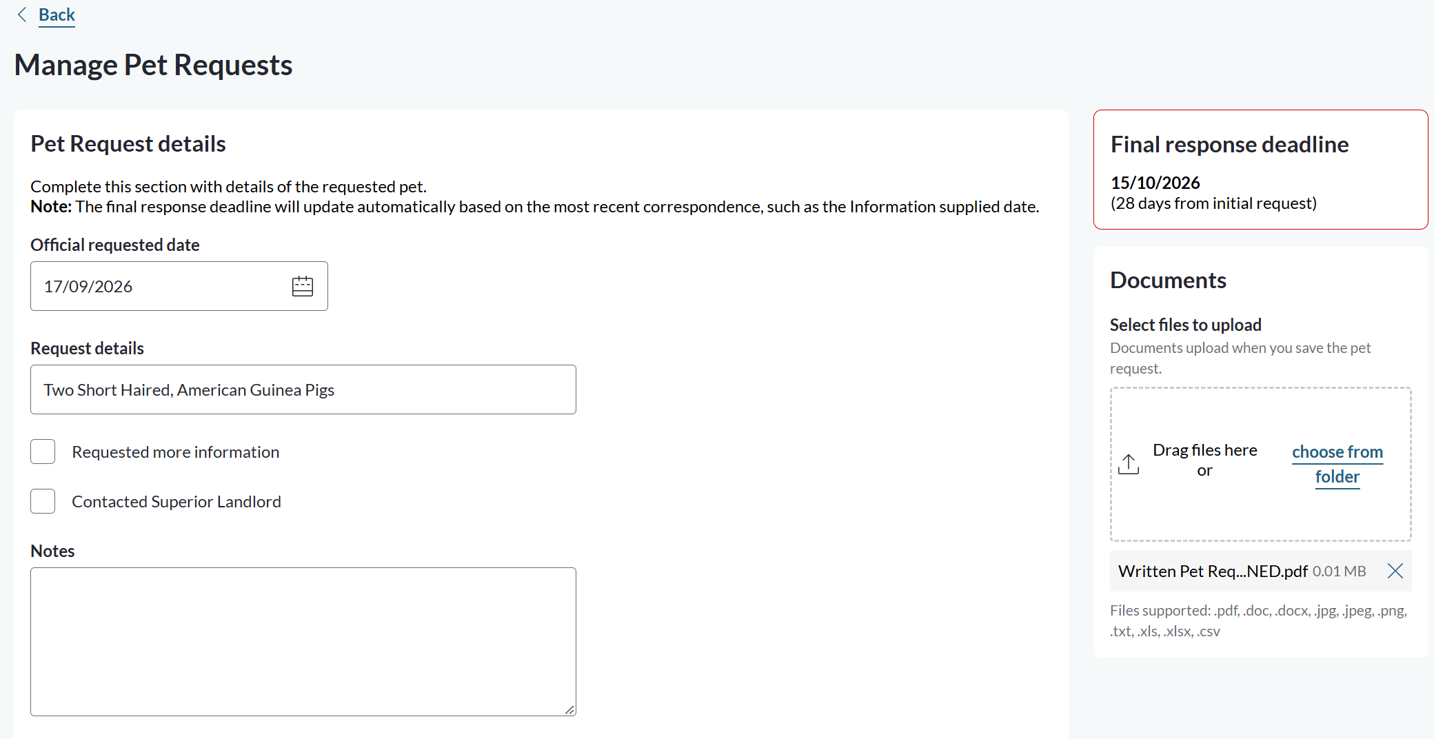 Pet Request details section of a new pet request with the Final response deadline and Documents panels.png